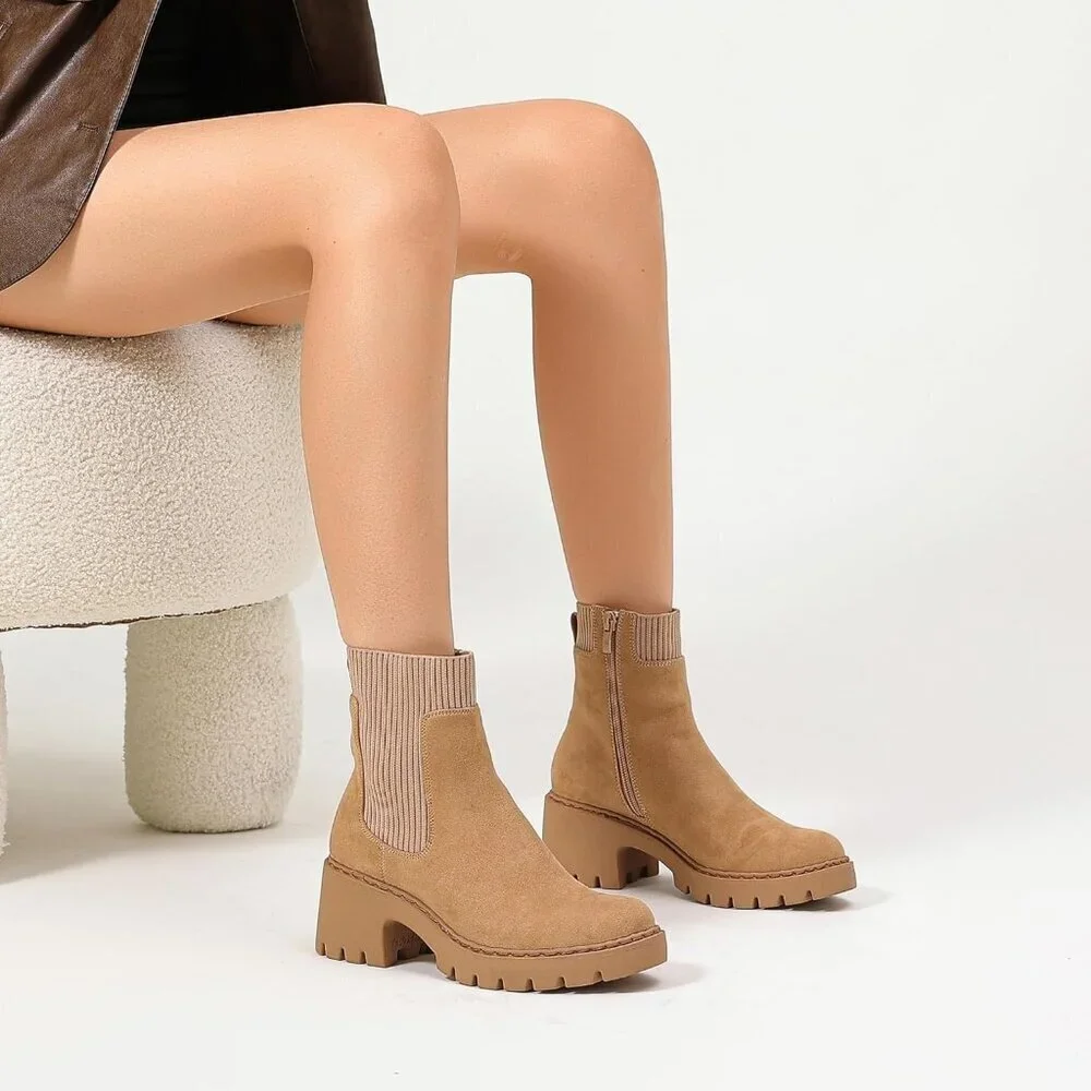 Women's Brown Platform Chelsea Boots Lug Sole Chunky Heel Zipper Slip On